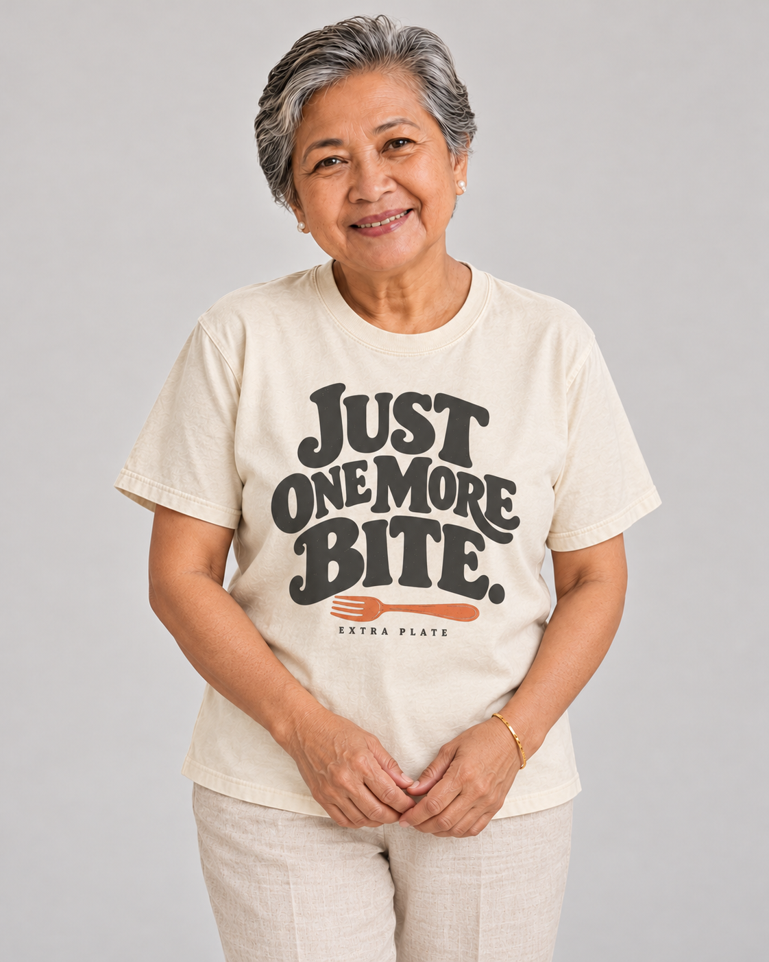 Just One More Bite Tee in Barong Cream — model front view