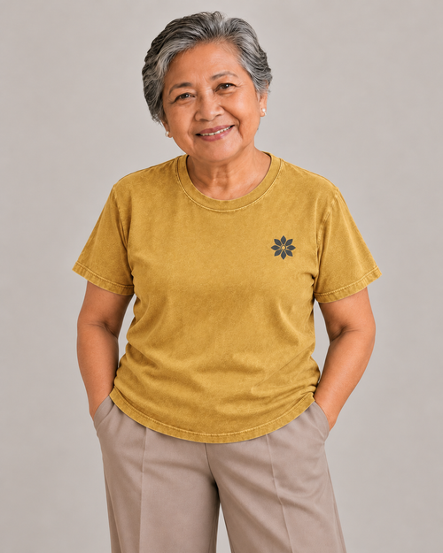 Christmas Starts in September Tee in faded-mustard — model front view