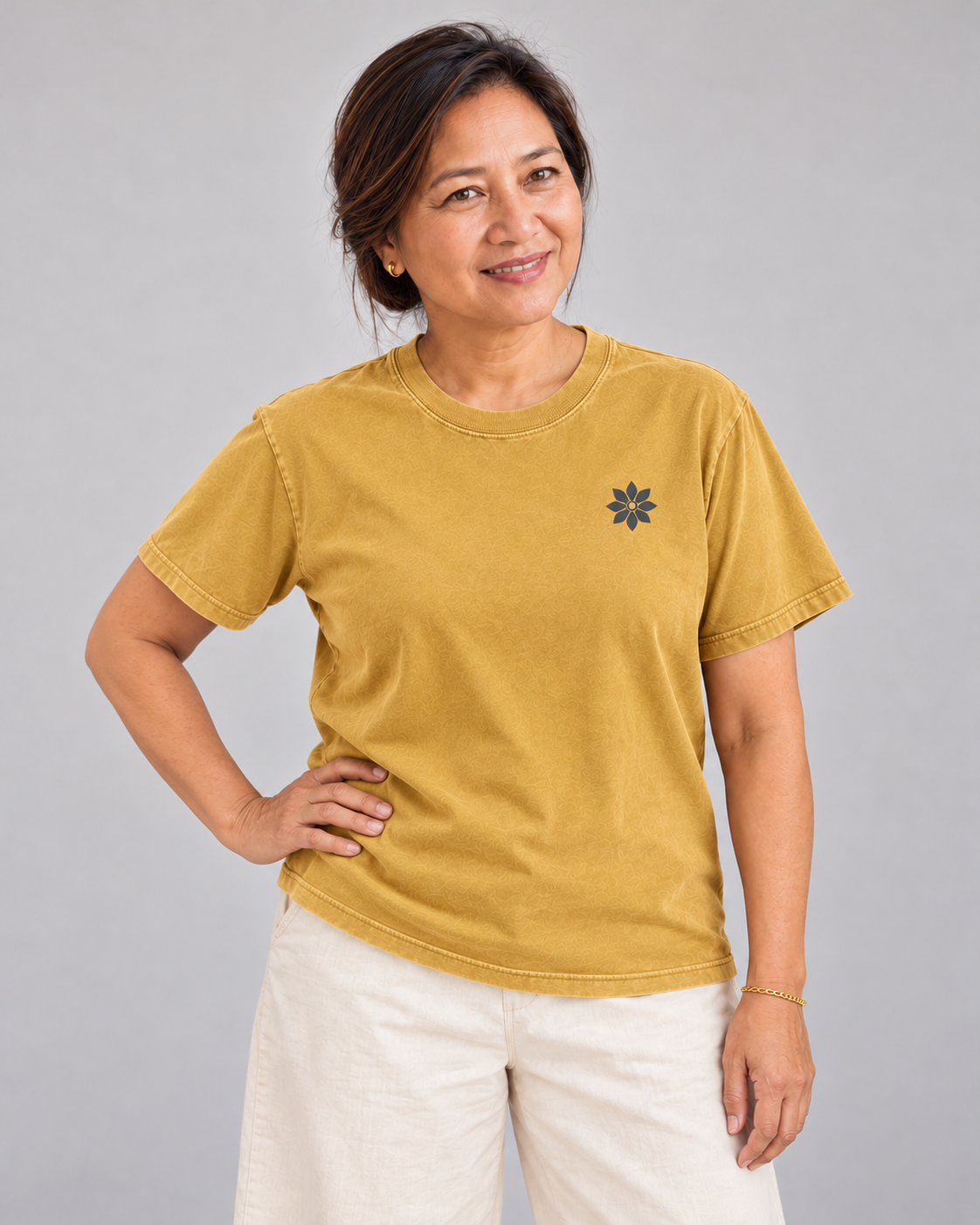 I’m Not Mad. Eat First. Tee in faded-mustard — model front view