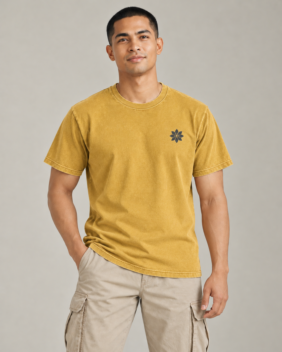 Saved by Grace. Fed by Lola. Tee in faded-mustard — model front view