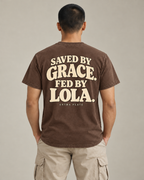 Saved by Grace. Fed by Lola. Tee in tsokolate — model back view
