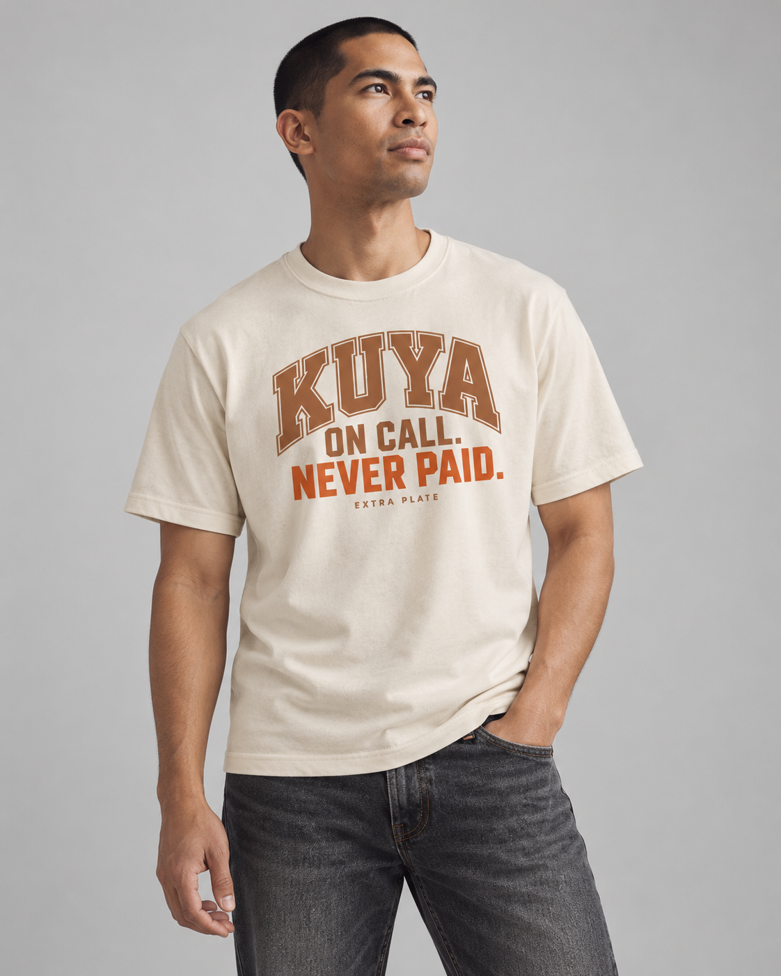 Kuya: On Call. Never Paid. Tee in Barong, model front