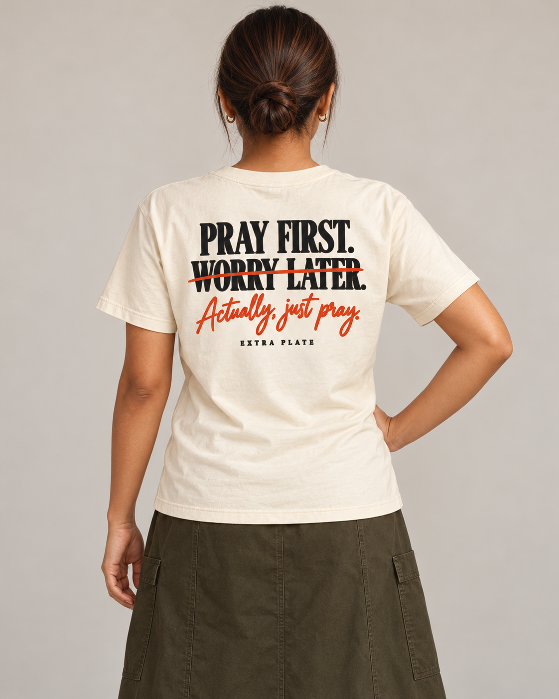 Pray First. Worry Later. Actually, Just Pray. Tee in Barong Cream — model back view