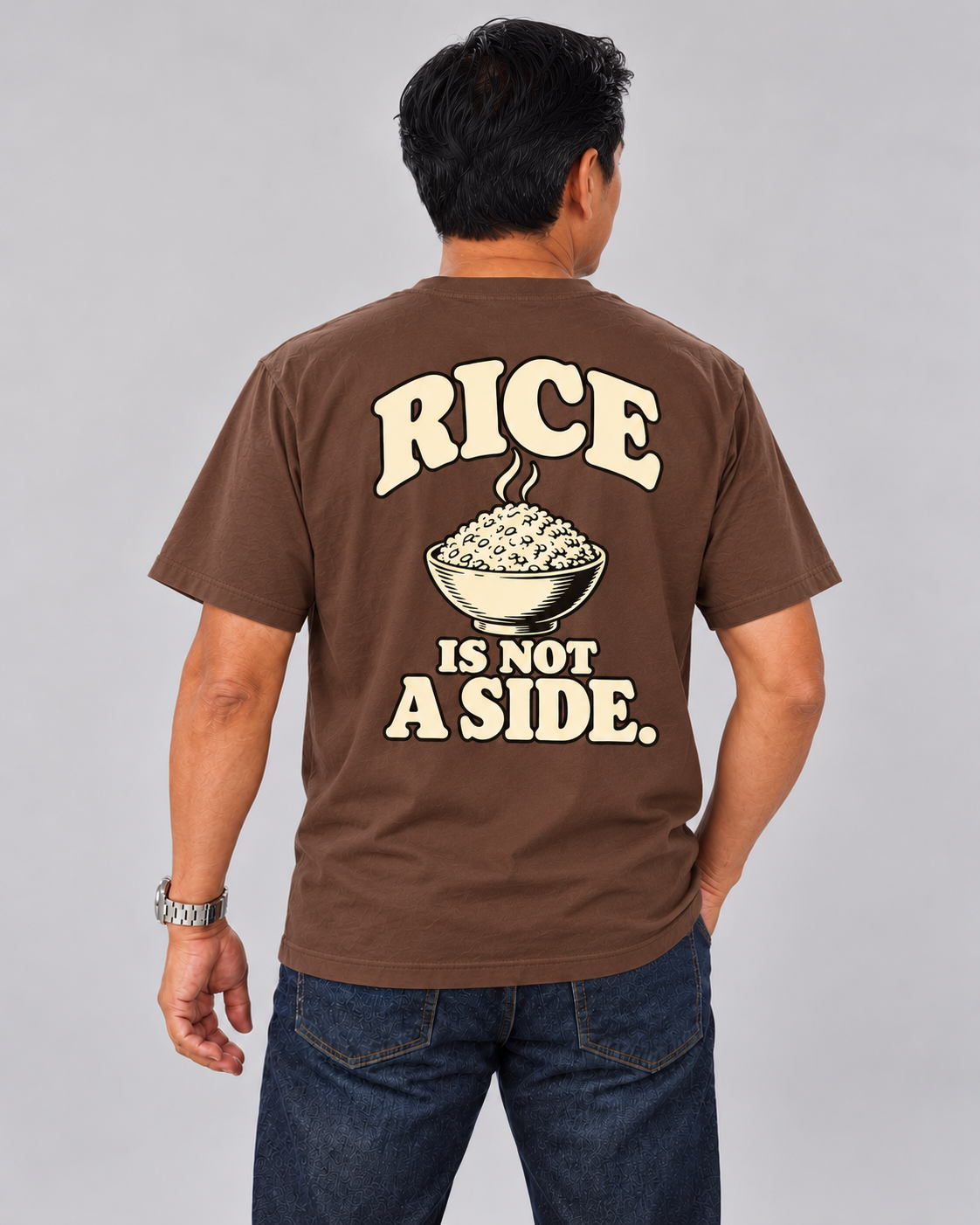Rice Is Not a Side Tee in tsokolate — model back view