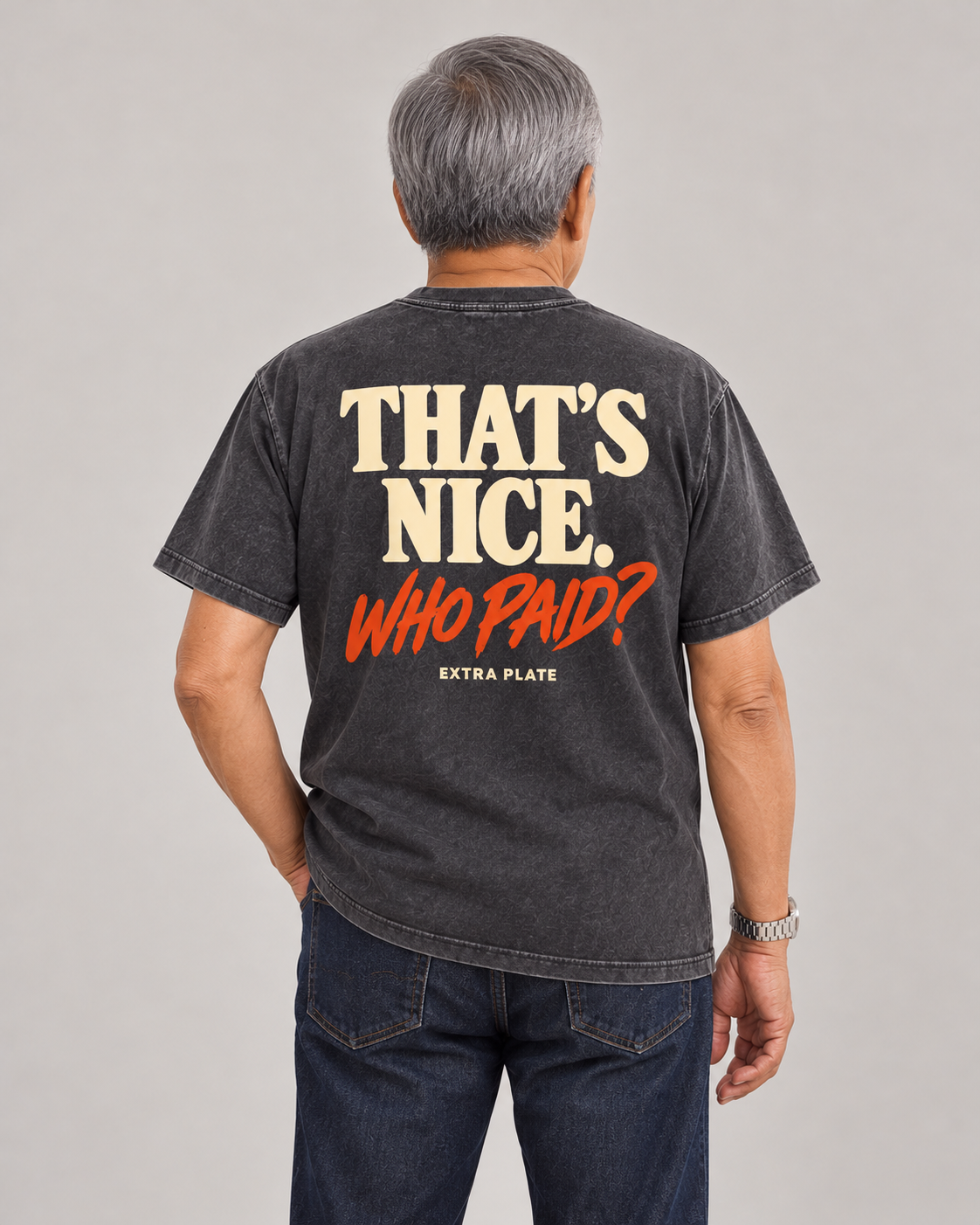 That’s Nice. Who Paid? Tee in Uling Black — model back view
