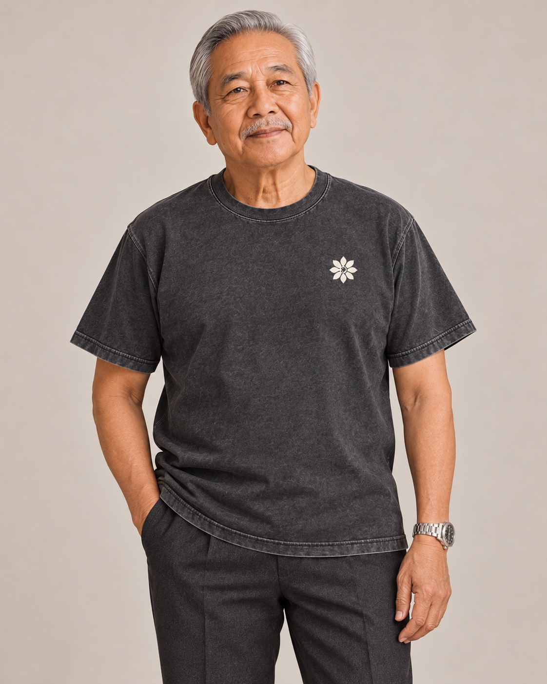 We Pray. Then We Pass the Rice. Tee in Uling Black — model front view